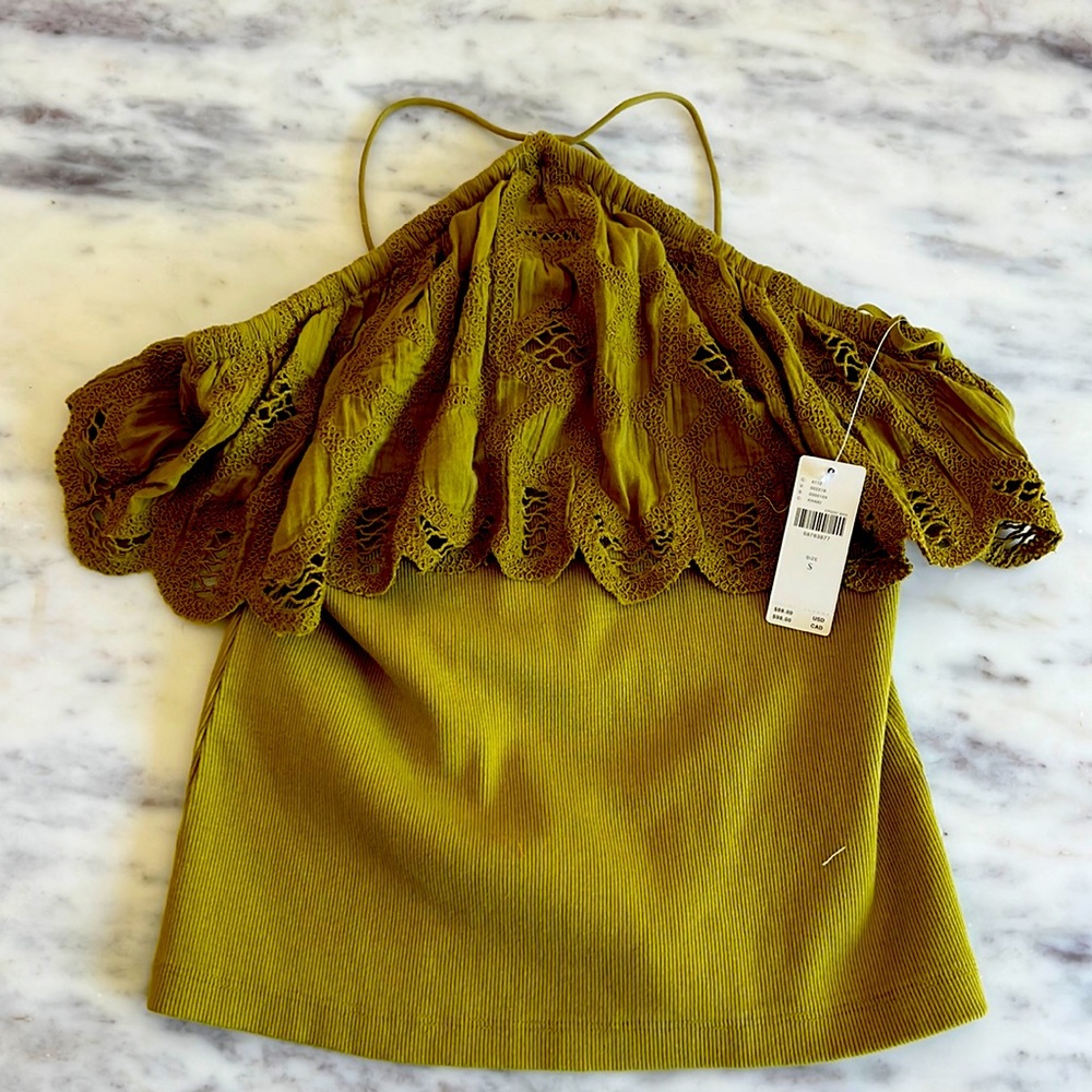 Anthropologie,NWT halter top. Beautiful lace detail. Avocado Green!